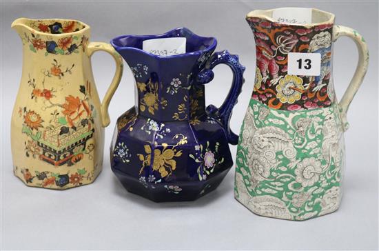 A Masons ironstone mazzarine blue hydra jug c.1815 and two other Masons ironstone jugs tallest 20cm